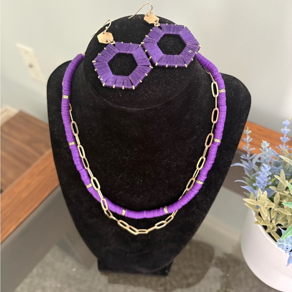 Gold and Purple double strand necklace and earrings